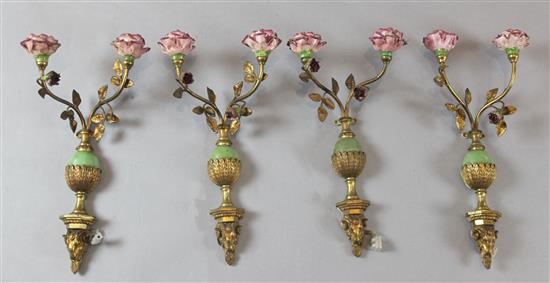 A set of six ormolu, simulated marble and porcelain twin branch wall lights, 14.5in.